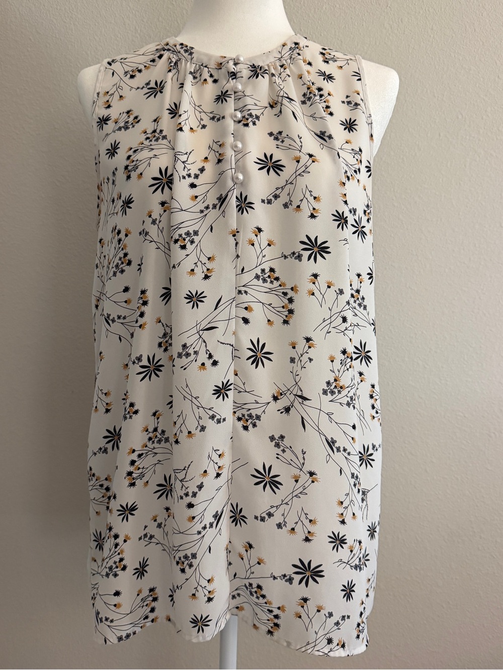 LOFT Floral Tie Neck Sleeveless Blouse Ivory Navy Tan Size M - EUC